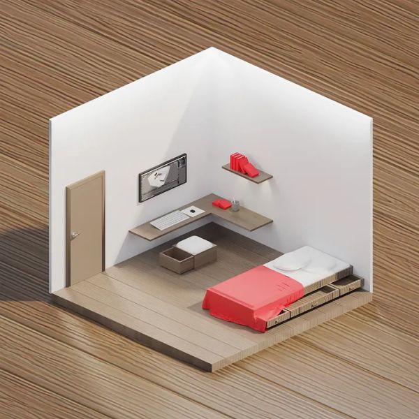 An isometric room cube of a minimalistic bedroom