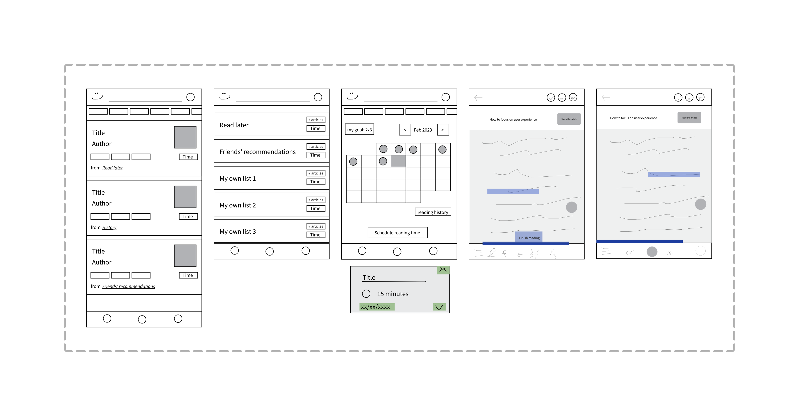 Wireframes covering the key features